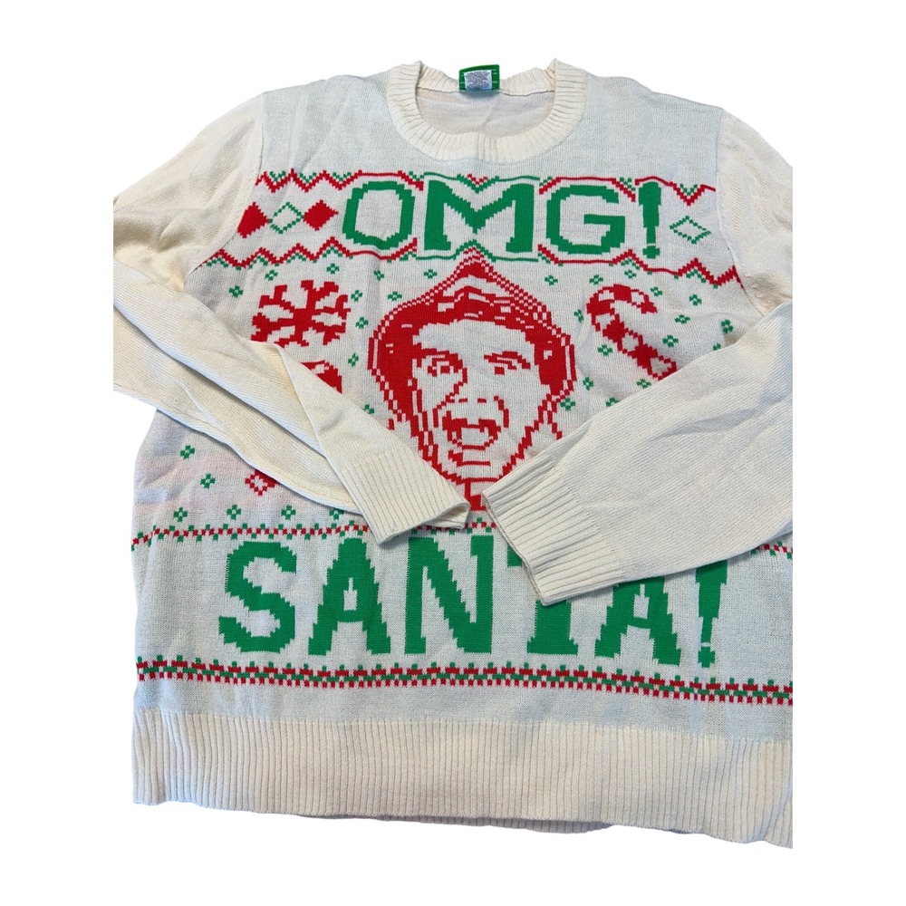 Elf‎ OMG Santa Ugly Christmas Sweater White Mens Large Holiday Party